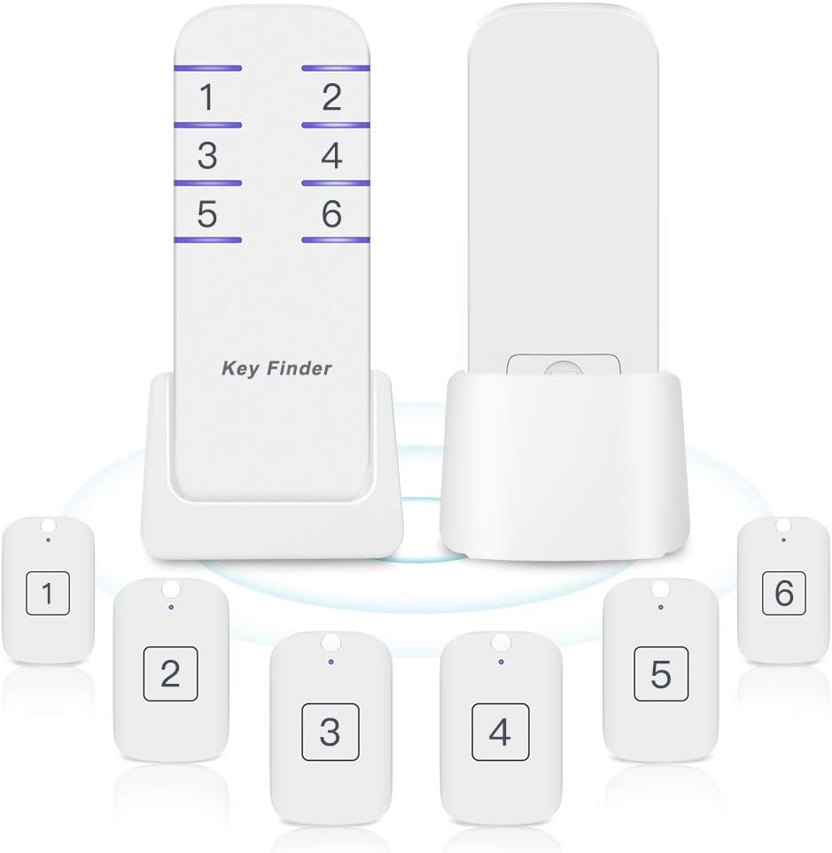 Key Finder Locator Item Tracker Wireless Item Finders Remote Control Locator Wallet Phone Tracker with 1 RF Transmitter and 6 Receivers and 6 Keychains (White)