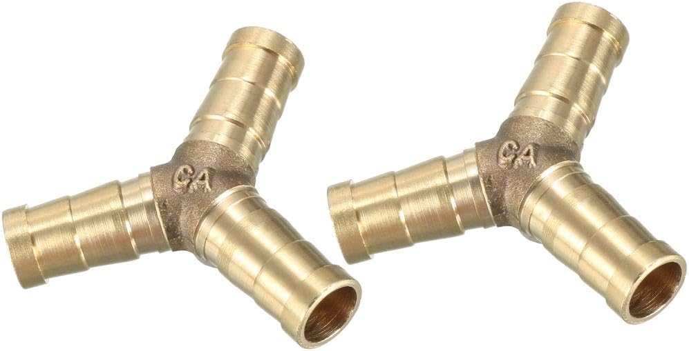 sourcing map 10mm Brass Barb Hose Fitting Tee Y-Shaped 3 Way Connector Adapter Joiner 2pcs, Gold