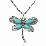 Tibet Silver Genuine Turquoise Dragonfly Oval Beads Bib Chain Pendant Necklace