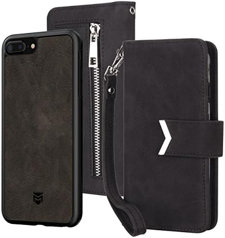 Majesticase iPhone 7 Plus Wallet Case Premium Suede Leather Wristlet &amp; Detachable Removable Magnetic Hybrid Protective Shell Cover &amp; Back Zipper + Removable Strap - Charcoal Black