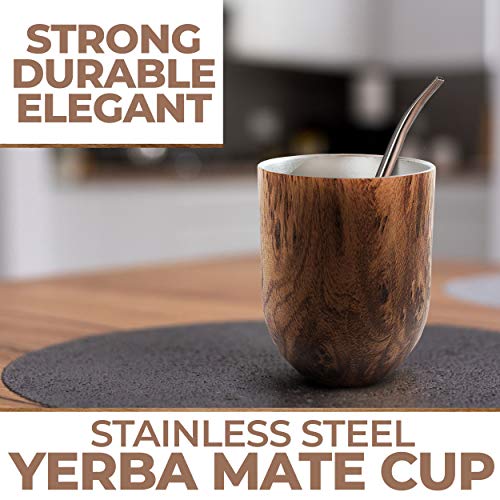 Yerba Mate Cup Gourd Set Brown (Original Traditional Mate Cup - 8 Ounces) I Includes Bombilla (Yerba Mate Straw) & Cleaning Brush I Stainless Steel Double-Walled I Easy to Clean