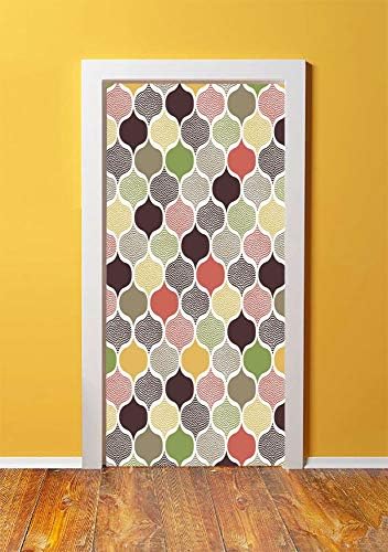 Modern Decor 3D Door Sticker Wall Decals Mural Wallpaper,Seamless Oriental Geometric Morrocan Doodle Pattern with Dots and Blank Colors Art,DIY Art Home Decor Poster Decoration 30.3x78.9261,Multi