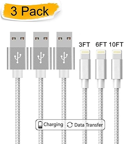 iTURBOS iPhone Cable 3Packs 3FT 6FT 10FT to USB Syncing and Charging Cable Data Nylon Braided Cord Charger for iPhone X iPhone 7/7 Plus/6/6 Plus/6s/6s Plus/5/5s/5c/SE and more (Silver&amp;White)