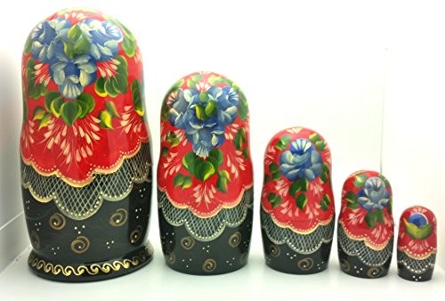 Tsar Saltan fairy tale by Pushkin Russian Nesting doll Hand Carved Hand Painted 5 piece Set 7" tall