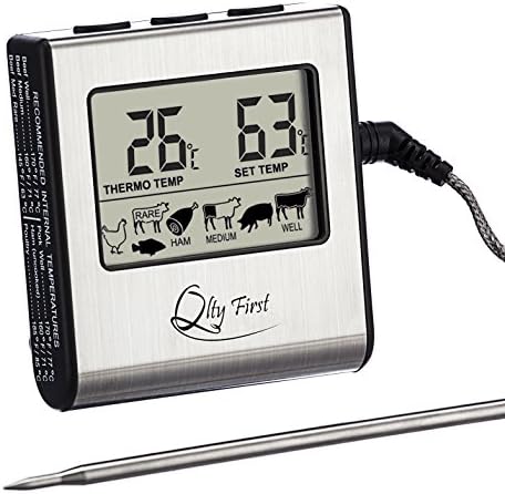 Qlty First Digital Meat Cooking Kitchen Thermometer - Stainless Steel Probe with Built-in Timer and Remote Alarm for Oven, Grill, BBQ, Stovetop smokers