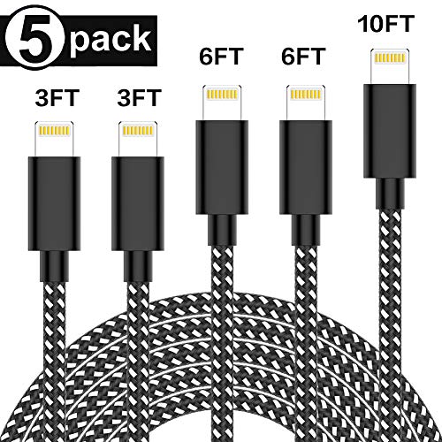 WUXIAN MFi Zertifiziert - Phone Ladekabel 5 Pack [3FT 3FT 6FT 6FT 10FT] Nylon Kabel für iPhone XS/X 8/8 Plus 7/7 Plus 6S/6S Plus 6/6 Plus 5S 5C 5 - Schwarz und weiß