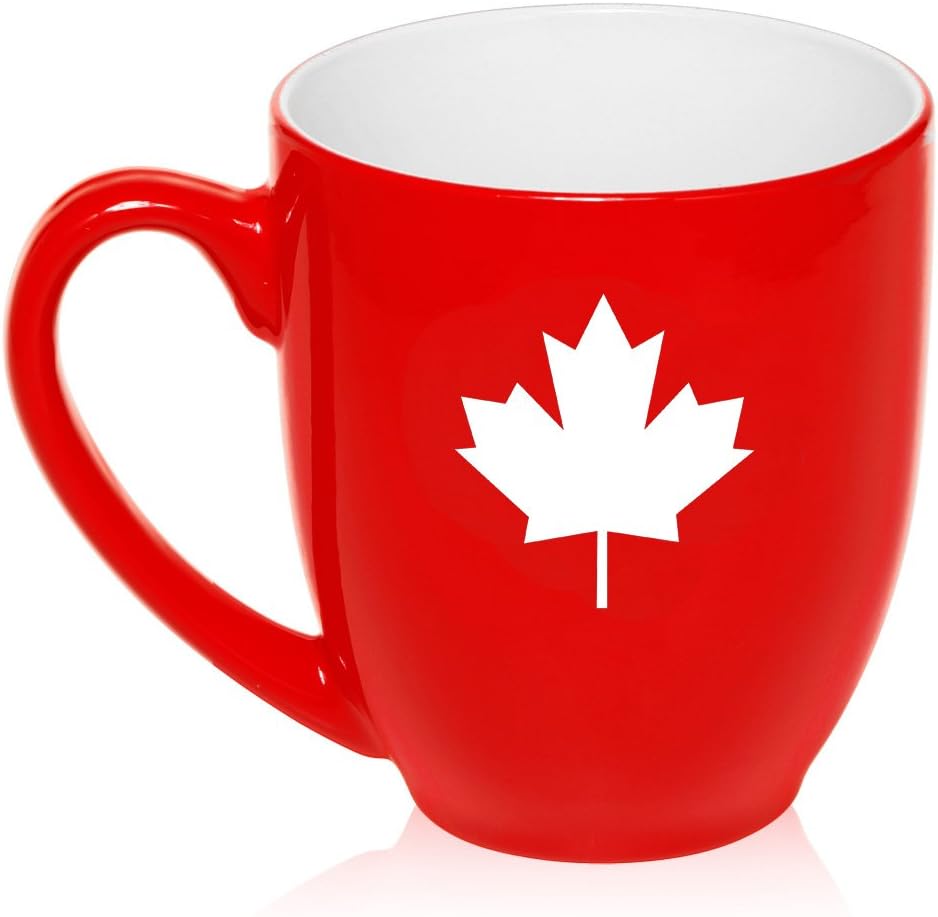 16 oz Large Bistro Mug Ceramic Coffee Tea Glass Cup Maple Leaf Canada (Red)