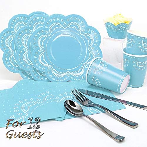 Luxcathy 12 Guest Served Disposable Doily Lace Party Tableware Pack for Birthday and Celebrations - Plates, Cups, Cake Wrappers, Napkins and Cutlery Set (Blue)