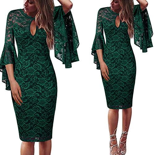 MTBDLYQ Woman'S Dress,Womens Keyhole Front Floral Lace Ruffle Flare Bell Sleeve Cocktail Wedding Party Club Slim Dress