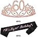 MEANT2TOBE 60th Birthday Sash and Tiara for Women - Fabulous Glitter Sash + Stars Rhinestone Pink Premium Metal Tiara for Her, 60th Birthday Gifts for 60 Party