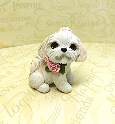 Gold and White Shih Tzu with Roses accent, Cream and white Shih Tzu polymer clay dog sculpture by Raquel at theWRC dog collectible mini