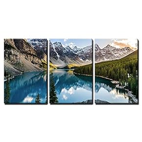 3 Piece Canvas Wall Art - Landscape View of Moraine Lake and Mountain Range at Sunset in Canadian Rocky Mountains - Modern Home Art Stretched and Framed Ready to Hang - 16"x24"x3 Panels