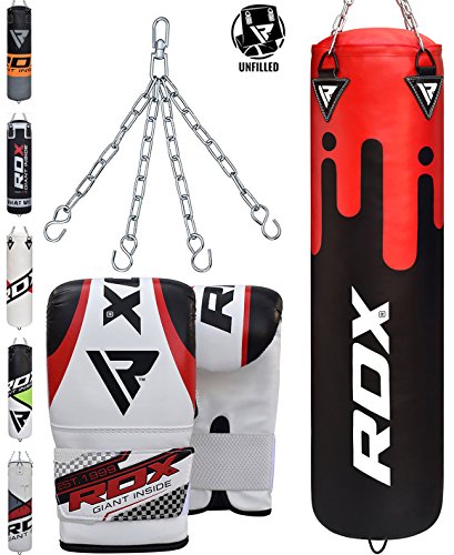 RDX Punching Bag UNFILLED Set Kick Boxing Heavy MMA Training with Gloves Punching Mitts Hanging Chain Ceiling Hook Muay Thai Martial Arts 4FT 5FT