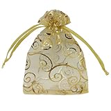 Ankirol 100pcs Sheer Organza Favor Bags for Wedding Baby Shower Rattan Print Gift Bags Samples Display Drawstring Pouches (3x4, Gold)