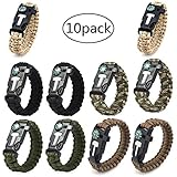 AOOTOOSPORT Survival Paracord Bracelets, 10 Pack Kit Outdoor Survival Bracelet Camping Fishing Hiking Gear with Compass, Fire Starter, Whistle and Emergency Knife