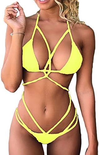 Women's Halter Strappy Braid Bikini Set 2 Pcs Cutout Bandage Swimwear S Yellow