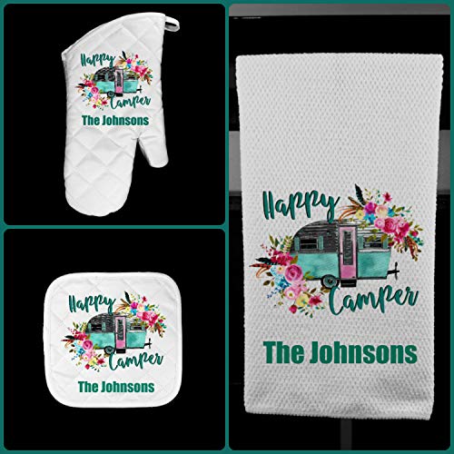 Happy Camper Oven Mitt Pot Holder Towel Gift Set Personalized, Gifts for Mom, Housewarming Gift, Hostess Gift, Wedding, Custom Kitchen Set - Thumbnail 6