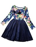 NNJXD Girl Tulle Long Sleeve Printed Bowknot Formal Casual Dress
