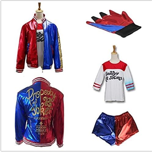 4PCS (Embroidery Jacket + T- Shirt + Square shorts+ 1Glove) For Kids Suicide Squad Harley Quinn Cosplay Kit (XXL=Height 150CM)