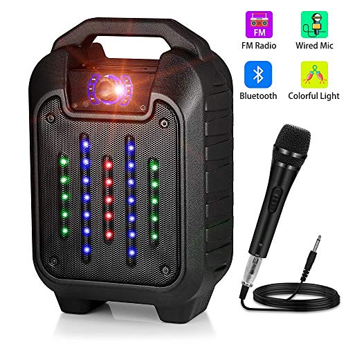 Portable PA System Bluetooth Karaoke Machine Speaker,Rechargeable Karaoke System with LED Lights & Wired Microphone,FM Radio