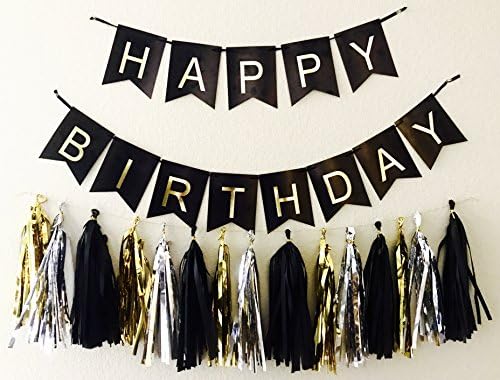 Birthday Banner+Tassels Decoration Kit: Happy Birthday Banner With 13 Cards and 15 Pieces Tassel - Black, Silver and Gold