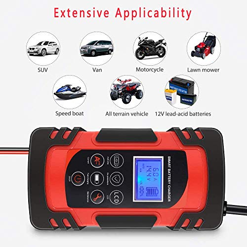 Luoges Car Battery Charger 12V 4A/6A/8A 24V 4A | Smart Automotive Trickle Charger with LCD Display for Car Truck Motorcycle Lawn Mower SUV SLA ATV RV SUV Wet AGM Gel Cell Lead Acid Battery (Red)