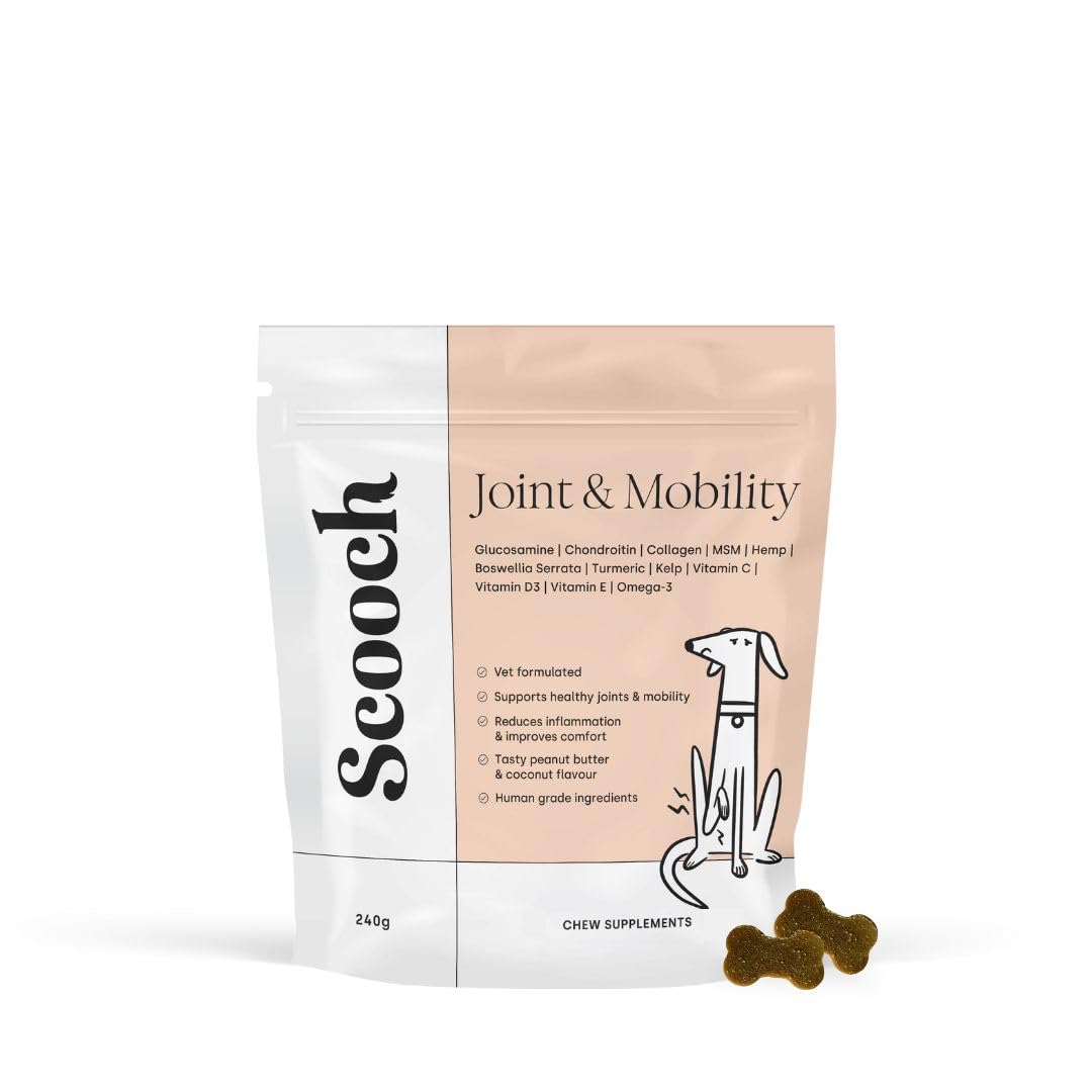 Vet Formulated Scooch Joint & Mobility Supplement Chews For Dogs To Protect Joints & Hips | Ease Stiffness & Pain | Premium, Natural, Human Grade, Hypoallergenic | Approx 60 Crunchy Chews