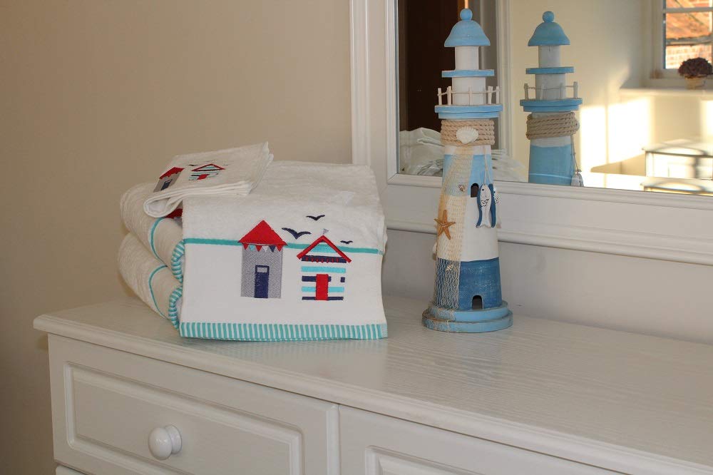 SHL - White 100% Cotton Beach Hut Embroidered Towel 550 Gsm (Bath Towel)