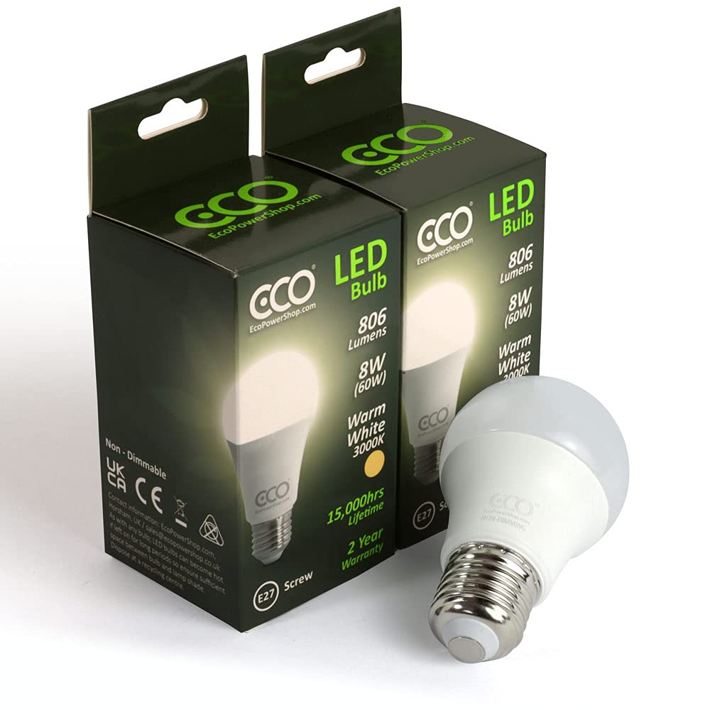 ECO 60W E27 Edison Screw Energy Saving LED Light Bulbs, Warm White 3000K, Low Energy 8W LED, 806 Lumens, 15,000Hrs Lifetime. 2xPACK.
