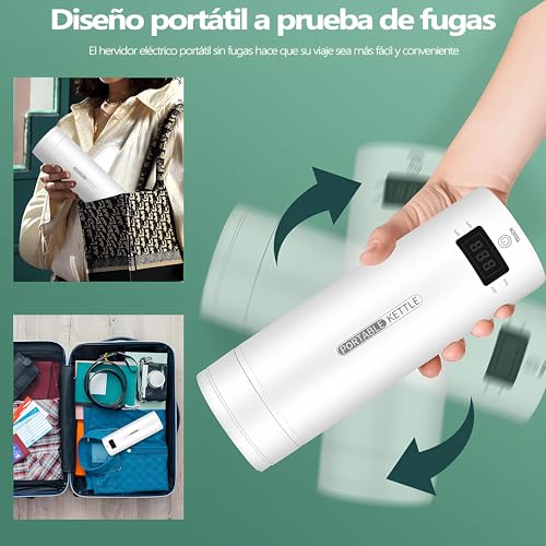 Hervidor de Agua Electrico Portatil,500ML Termo Electrico,Control de Temperatura NTC y Puede Guisar,Adecuado para viajes, oficina, camping, preparación de té y café.