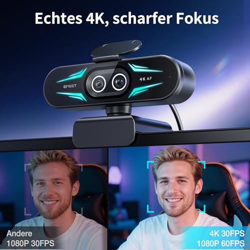 EMEET C60E Dual Camera 4K Webcam for Streaming, Wide Angle and Telephoto Lens, Up to 11x Hybrid Zoom & PDAF Auto Focus, Remote Control, RGB Lighting, 2 Microphones, Ideal for Live Streaming