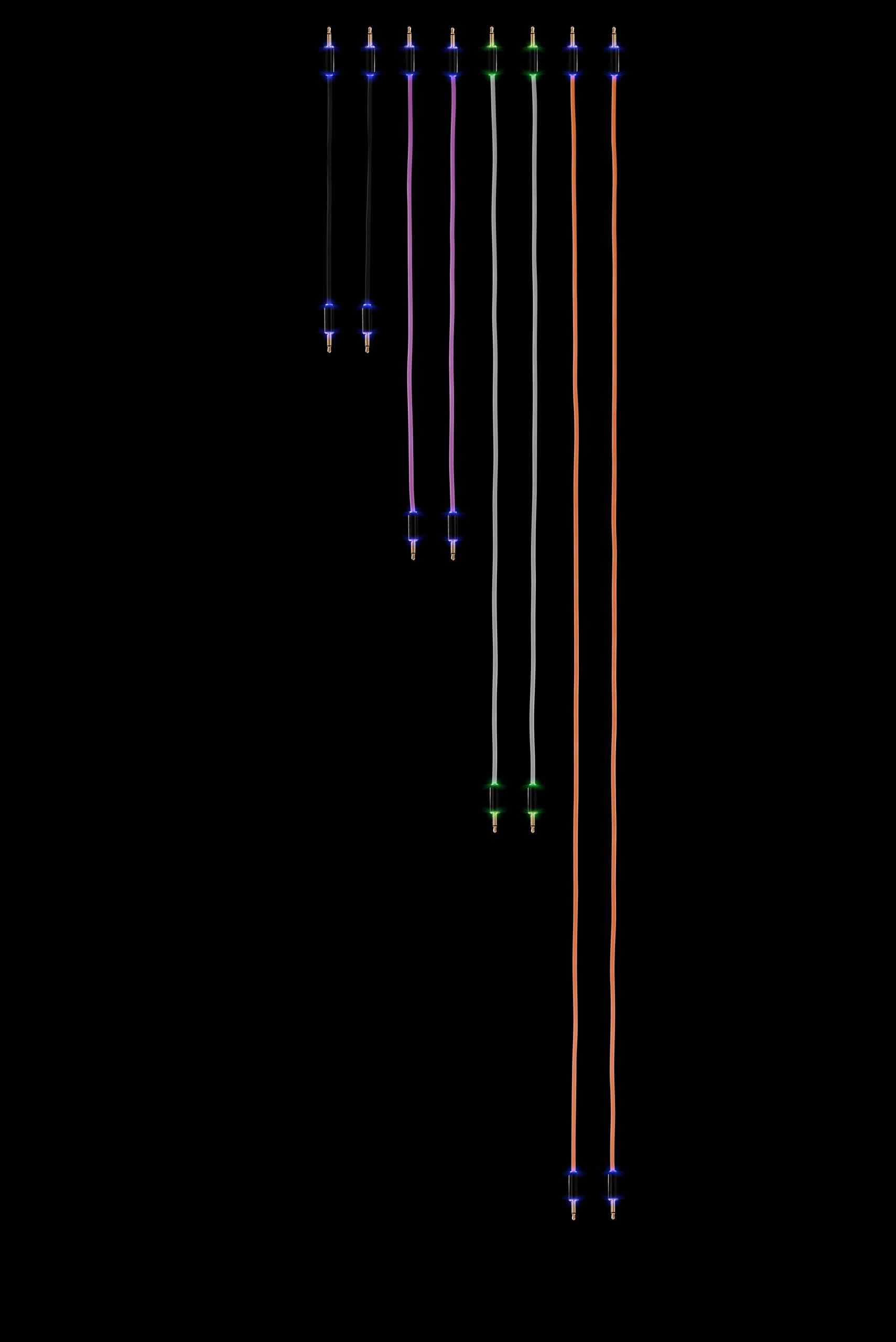 MyVolts Candycords Halo LED patch cables 8-pack, straight mini mono jack to straight mini mono jack, 2x15cm Black, 2x30cm Purple, 2x50cm Grey and 2x80cm Peach