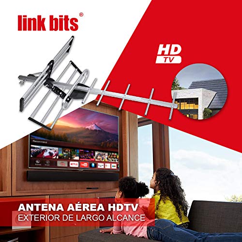 LINK BITS HD001 Antena Exterior aérea HDTV de Largo Alcance, Alcance Amplificado, 12 Elementos, Alta definición, (fácil de Instalar).