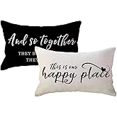 ULOVE LOVE YOURSELF Home Saying Throw Pillow Covers with Our Happy Place Quote Rustic Farmhouse Decor Lumbar Pillow Cases 12" x 20",2Pack Housewarming Gifts for Sofa/Couch/Porch (Black)