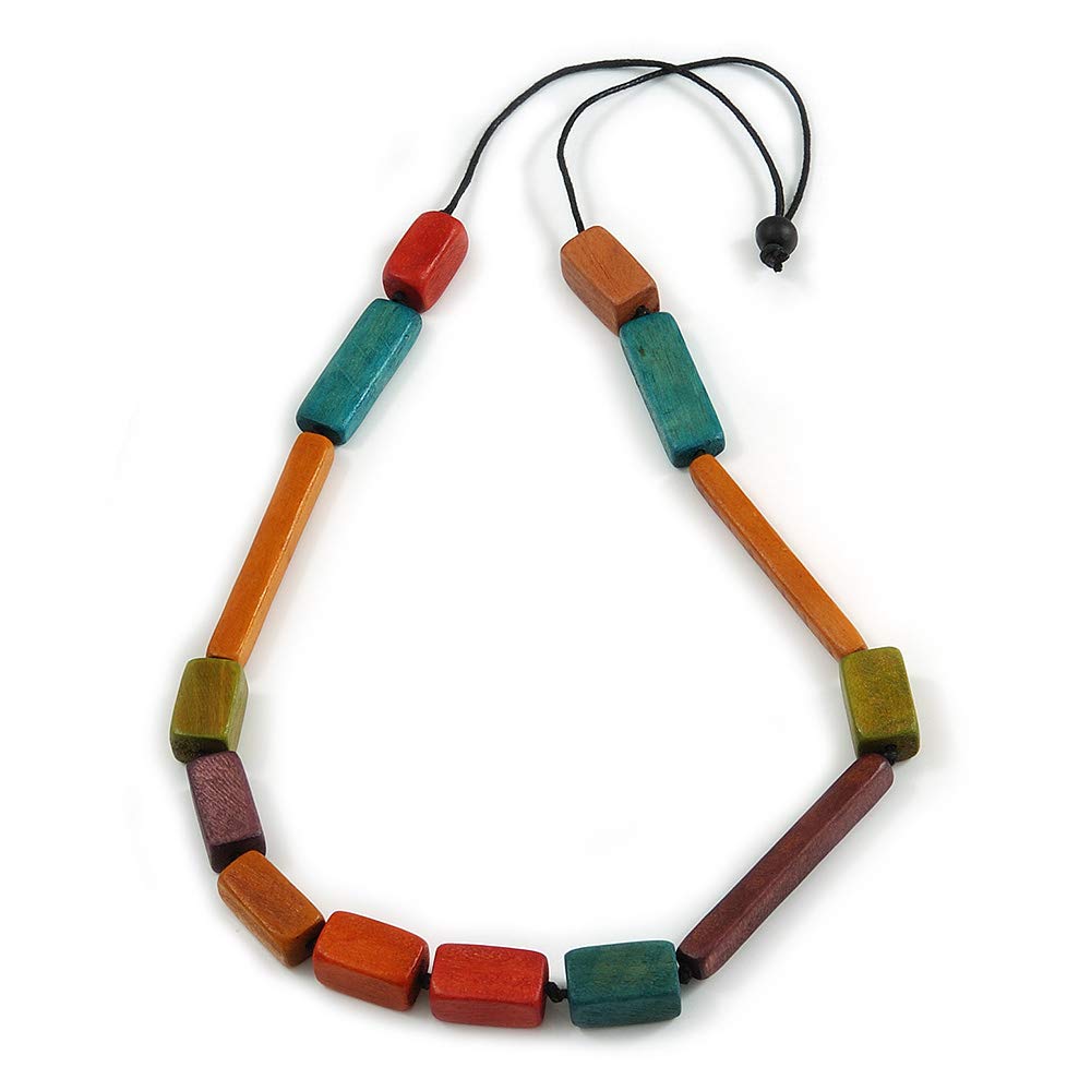 Avalaya Multicoloured Geometric Wooden Bead Necklace with Black Cotton Cord - 84cm Long Adjustable