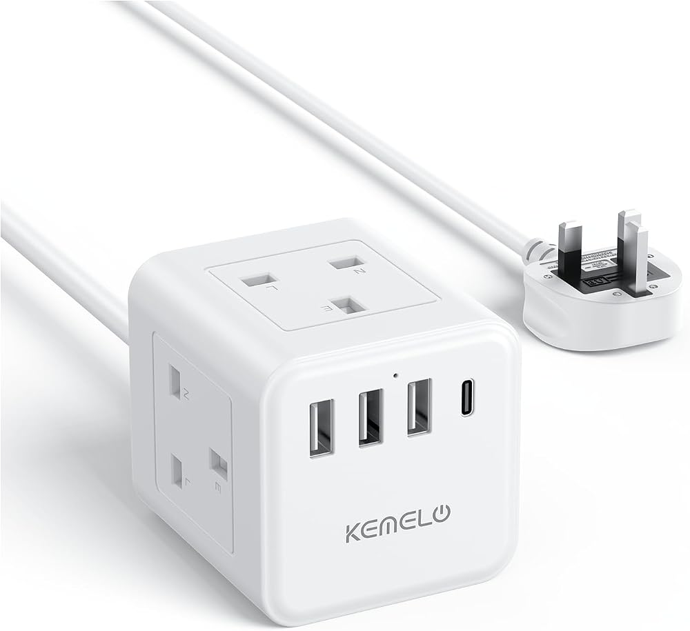 Kemelo 4 Way USB Extension Lead UK 13A 3250W 1.5m with Child Safety