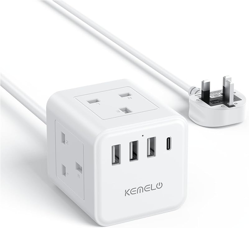 Kemelo 4 Way USB Extension Lead UK 13A 3250W 1.5m with Child Safety