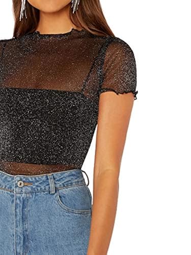 SheIn Women's Sheer Mesh Lettuce Trim Glitter Short Sleeve Top T