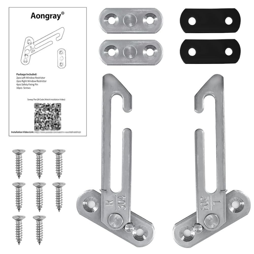1 Pair Window Restrictors Locks,Aongray Window Restrictor Hook Window for UPVC Stainless Steel 304 Security Lock Child Lock,Right Handed and Left Handed with Screws(Silver,1 Pair)