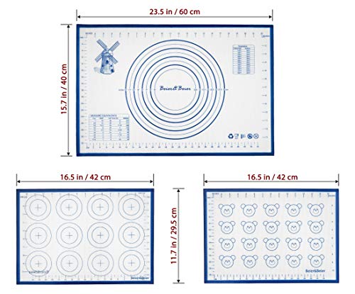 Silicone Baking Mats Set of 3, Professional Grade, Non-Stick, Large Pastry Mat with Measurements, Macaron Baking Mat, Cookie Making Mat with Bears