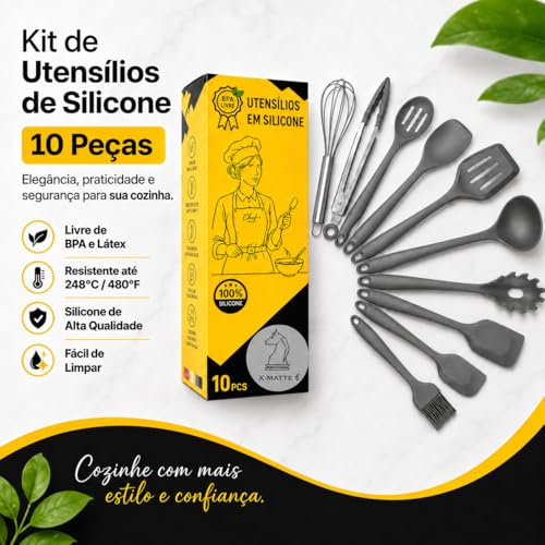 Conjunto CINZA Utensílios Jogo Kit Profissional 10 Peças Cozinha Silicone Resistente a Altas Temperaturas Antiriscos BPA Free Colher Espátula X-MATTE