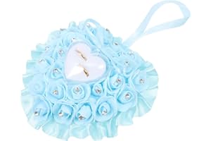 DIDISEAON Wedding Ring Pillow, Romantic Heart Shaped Ring Bearer Box Rose Bridal Holder White Lace Crystal Box Holder for Wedding Ceremony Proposal Anniversary, Sky- Blue