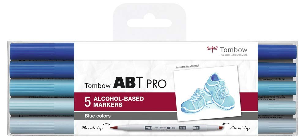 Tombow ABT PRO ABTP-5P-5 Alcohol Based Marker with Two Nibs Blue Colours