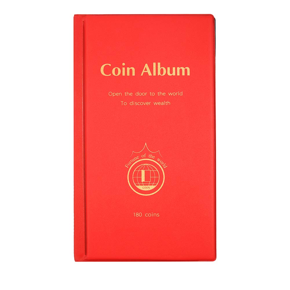 MULOVE 180 Pockets Coin collectors storage, 50P Coin Collectors Album Coin Collection Holder Book Suitable for Coin Diameter Less Than 1.66 Inches (Red)