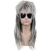 karlery Men Mullet Wig Long Wave Grey and White 70s 80s Metal Rocker Party Wig Halloween Costume Wig