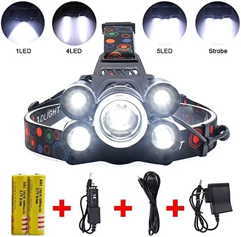 Head Lamp, Super Bright 5 LED 8000 Lumens Headlight - 4 Modes XML T6 LED Waterproof Head Torch With Rechargeable Batteries for Outdoor Hiking Camping Hunting Fishing Cycling Running