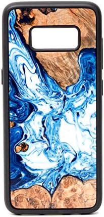 ModernWood Samsung Galaxy S8 Protective Case Cover Unique Handmade Real Wooden Burl &amp; Artistic Swirl of Resin Texture Creative Design Back Cover with Shock Absorbing Rubber Bumper SkyBlue