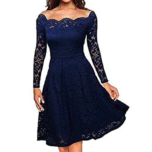 Clearance! Women Dress sfe Lace Noble Flower Embroidery Off The Shoulder Strapless Elegant Long Sleeve Dress For Dinner Party Wedding Dresses (XL, Blue)