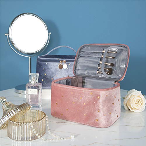 HOYOFO Women Velvet Makeup Bag with Makeup Brush Holder Travel Cosmetic Bags with Handle Starry Make up Pouch Bag, A Blue 4 HOYOFO Women Velvet Makeup Bag with Makeup Brush Holder Travel Cosmetic Bags with Handle Starry Make up Pouch Bag, A Blue