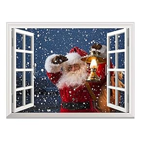 Removable Wall Sticker/Wall Mural - Santa Claus Carrying Gifts Outside of Window on Christmas Eve - Creative Window View Home Decor/Wall Decor - 24"x32"